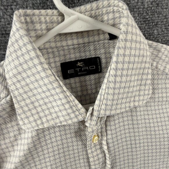 Etro Milano Italy Size 42 Button Up Shirt Long Sleeve Blue White Check Woven - Picture 9 of 14